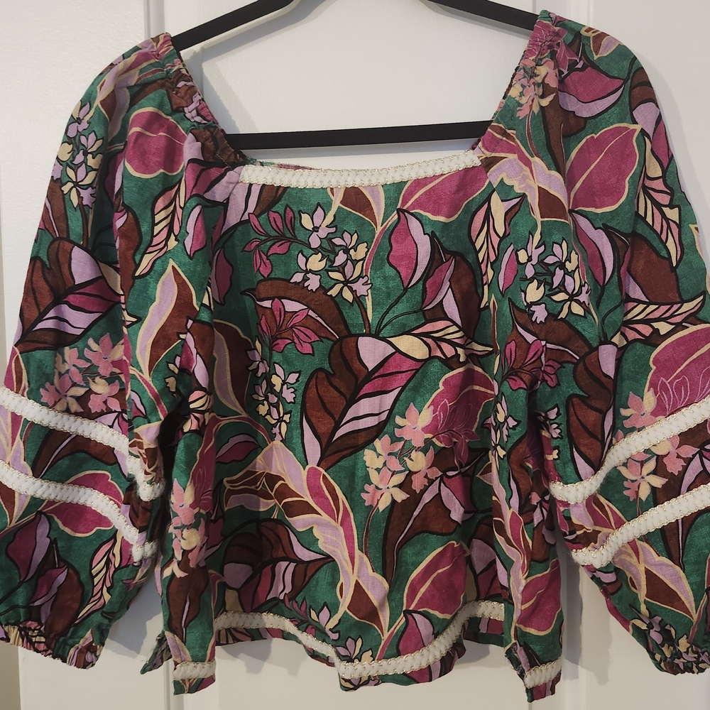 Cynthia Rowley Linen Green and Pink Floral Blouse